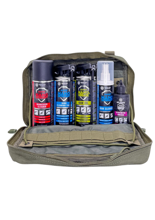 GNP Defend Range Bag open with Degreaser, Bore Cleaning Foam, Gun Oil, Gun Cleaner and Synthetic Grease held in the elastic loops