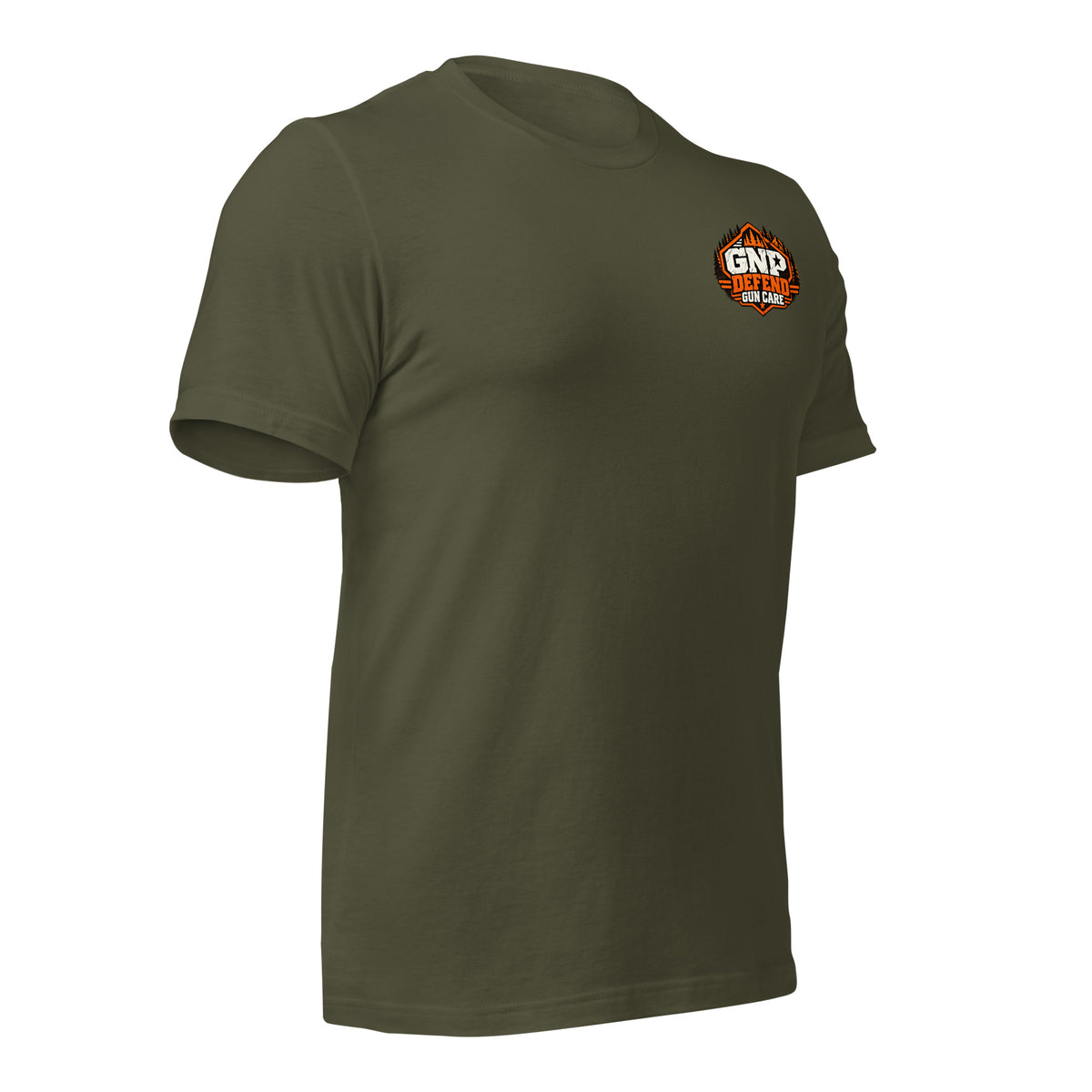 Military Green GNP Defend cat tee, angled from the front right