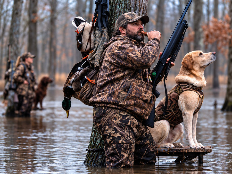 Duck hunter calling in flooded timber with a shotgun and a yellow Labrador retriever