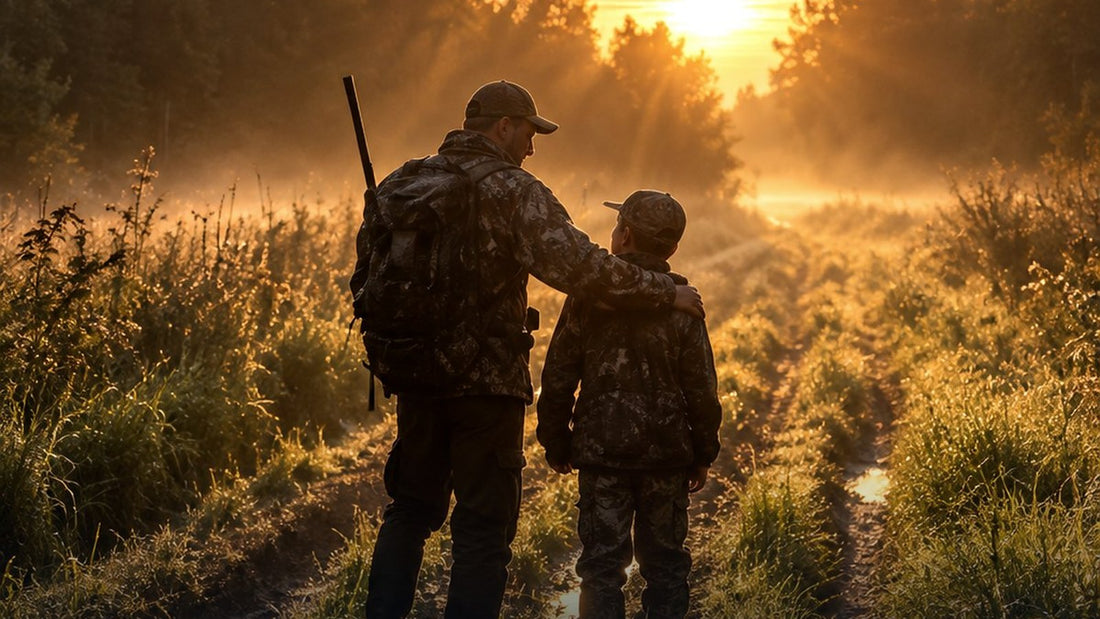 A hunter and a boy in camouflage walking a wet, misty trail at sunrise, rifle slung over the hunter's shoulder