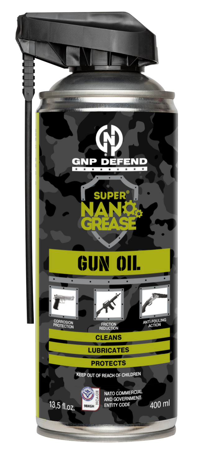 GNP Defend Gun Oil, 400 ml (13.5 fl oz) aerosol can with spray nozzle