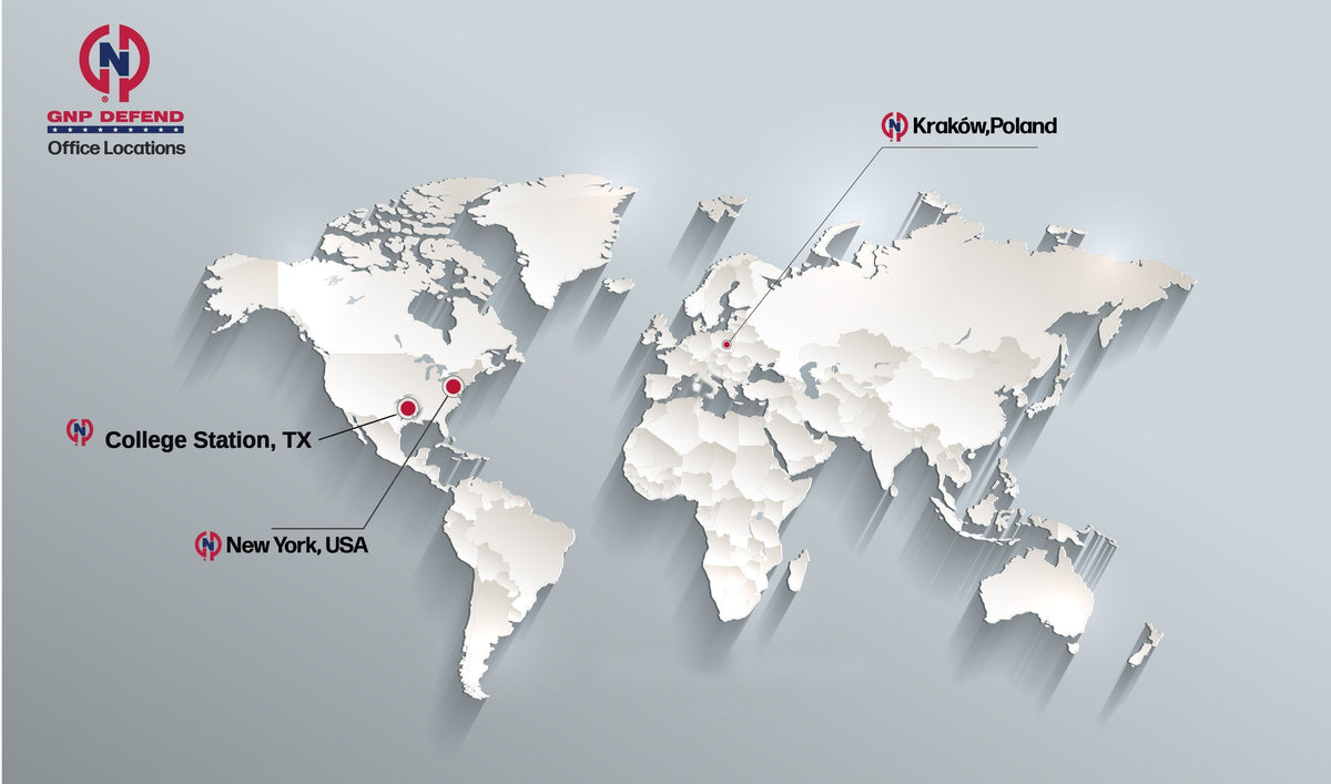 GNP Defend office locations map – New York, College Station Texas, and Kraków Poland