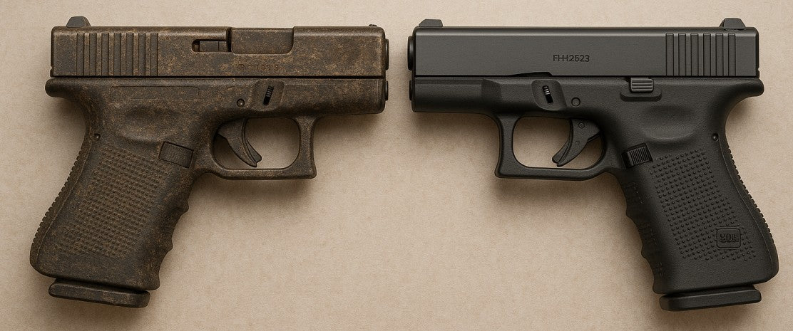 A neglected pistol beside a cleaned and maintained one
