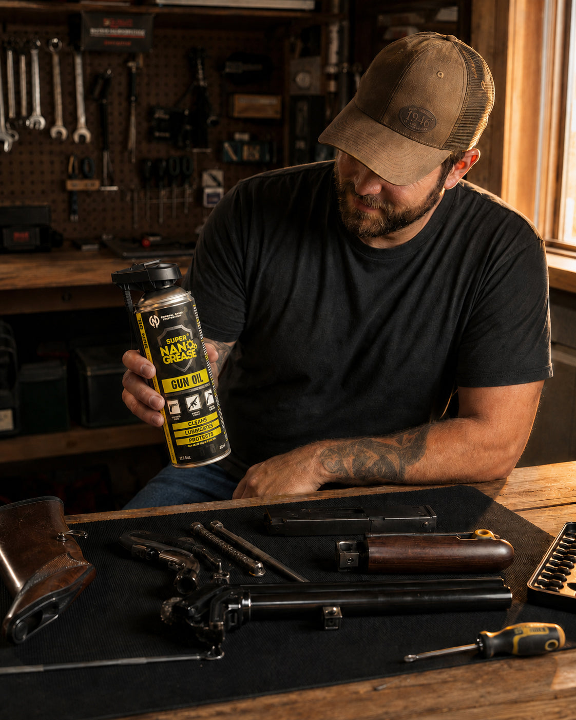 Working on a shotgun at the GNP Defend workbench with Gun Oil