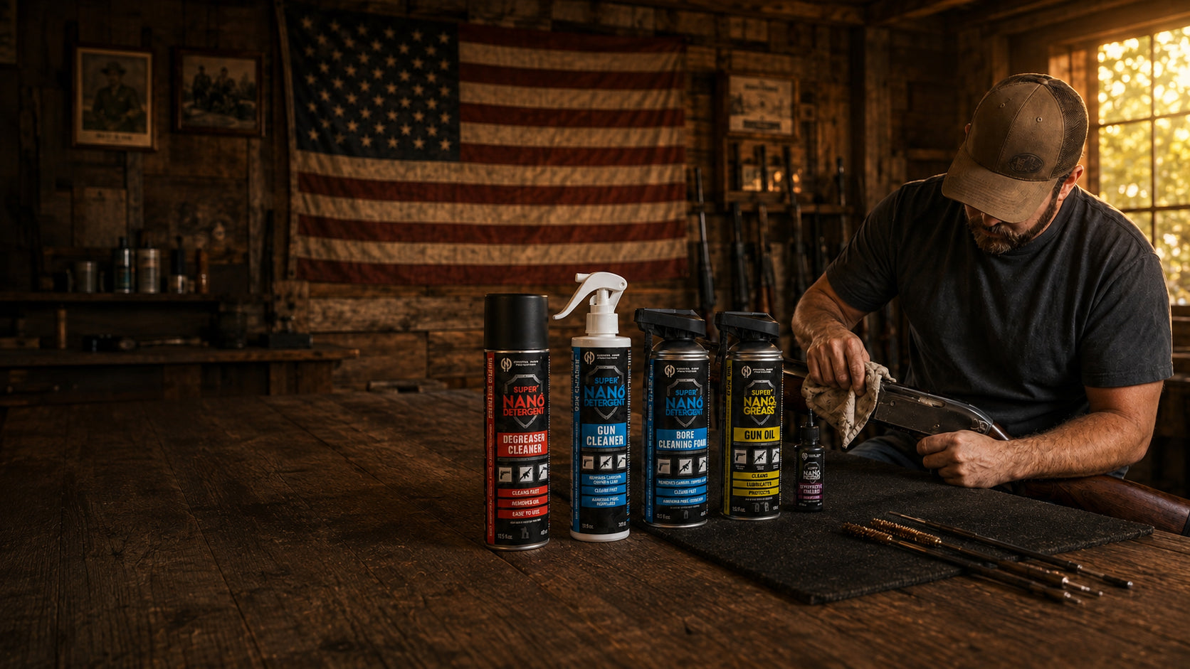 Cleaning a shotgun at a workbench with the GNP Defend product lineup and American flag