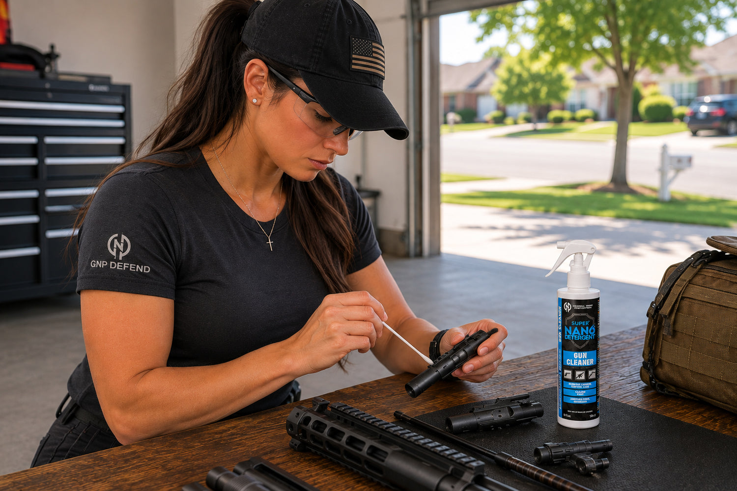 GNP Defend Gun Cleaner spray bottle — water-based firearm cleaner that removes carbon, copper, and lead fouling