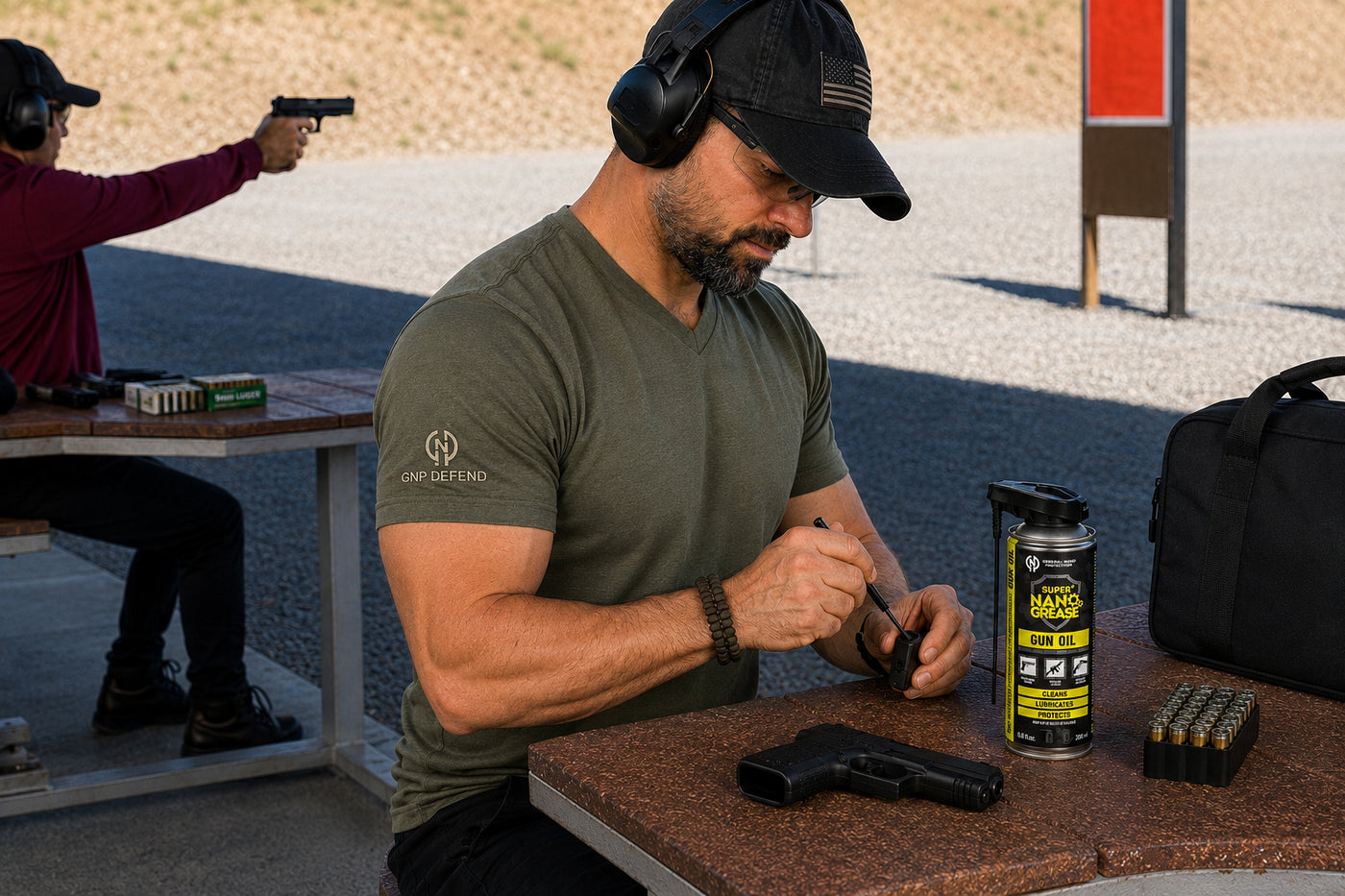 Applying GNP Defend Gun Oil at a range bench