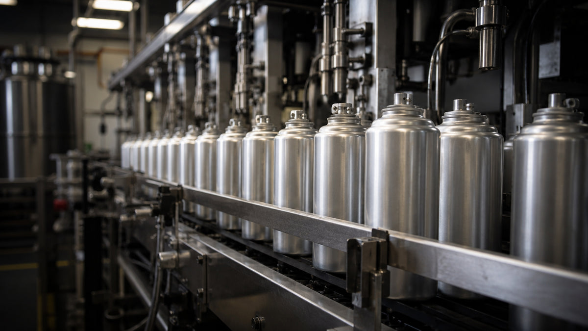 Unlabeled aluminum aerosol cans on a filling line – private label manufacturing