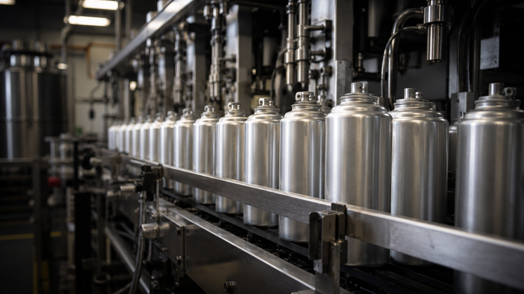 Unlabeled aluminum aerosol cans on a filling line – private label manufacturing