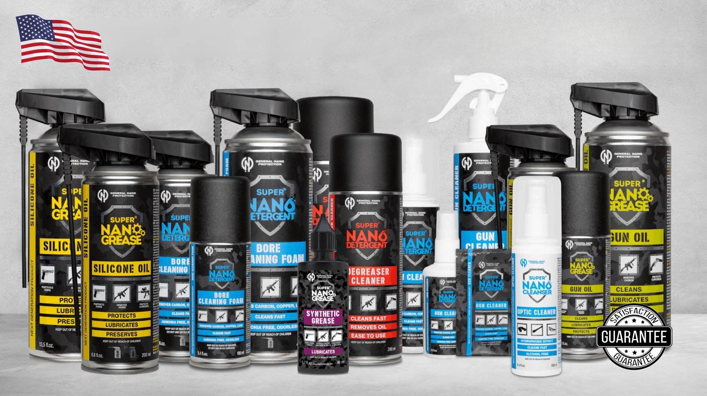The GNP Defend product line arranged on a grey studio background.