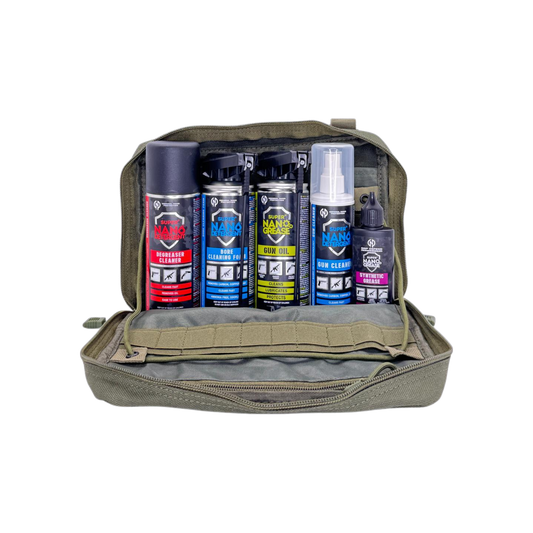 GNP Defend Range Bag open with Degreaser, Bore Cleaning Foam, Gun Oil, Gun Cleaner and Synthetic Grease held in the elastic loops
