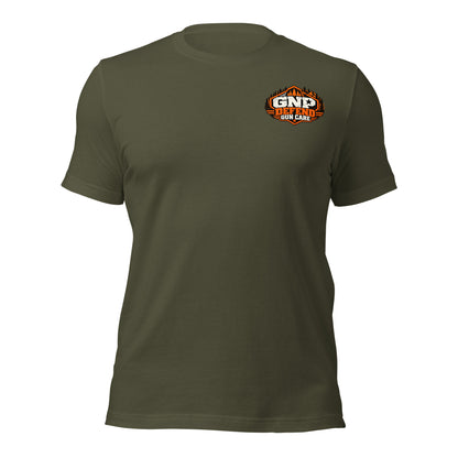 Front of a Military Green tee with the small orange GNP Defend Gun Care crest on the left chest