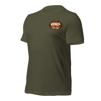 Military Green GNP Defend cat tee, angled from the front left
