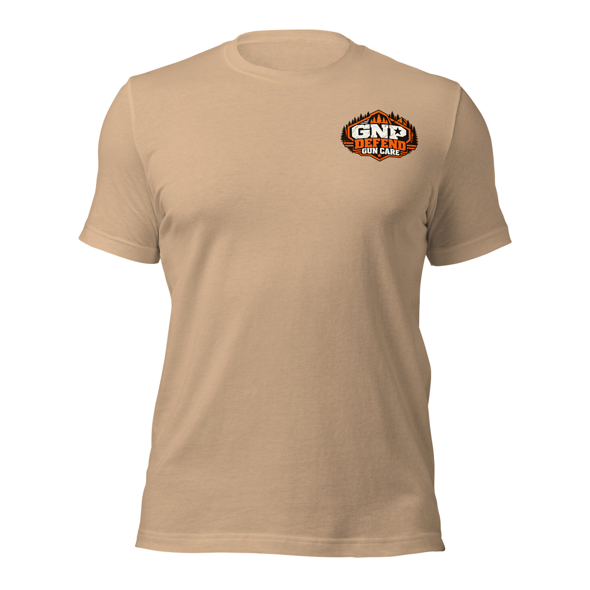 Front of a Tan tee with the small orange GNP Defend Gun Care crest on the left chest