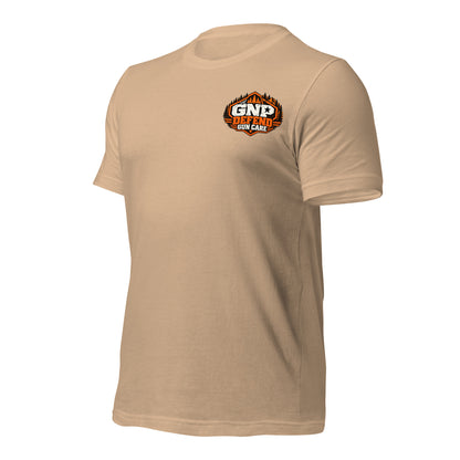 Tan GNP Defend cat tee, angled from the front left