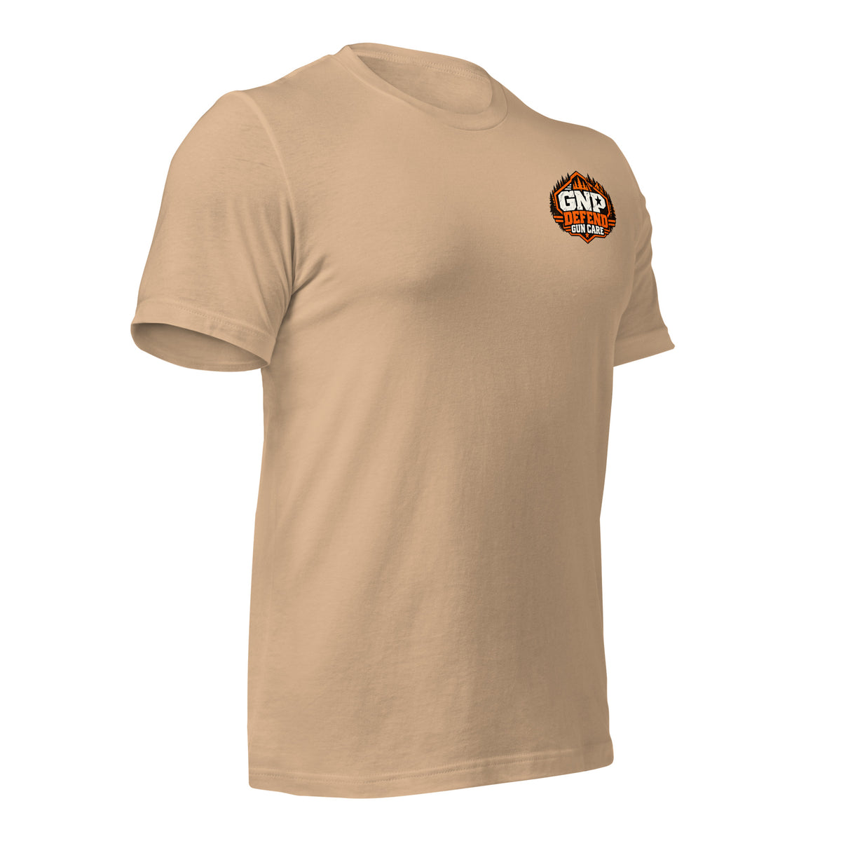 Tan GNP Defend cat tee, angled from the front right